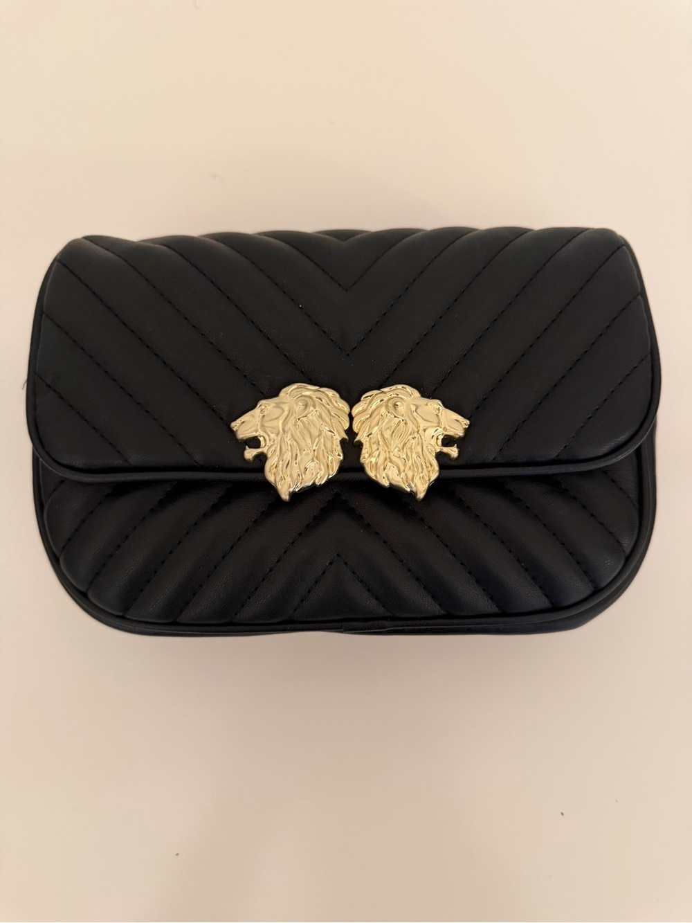 Black Quilted Lion Head Accent Crossbody and Belt Bag